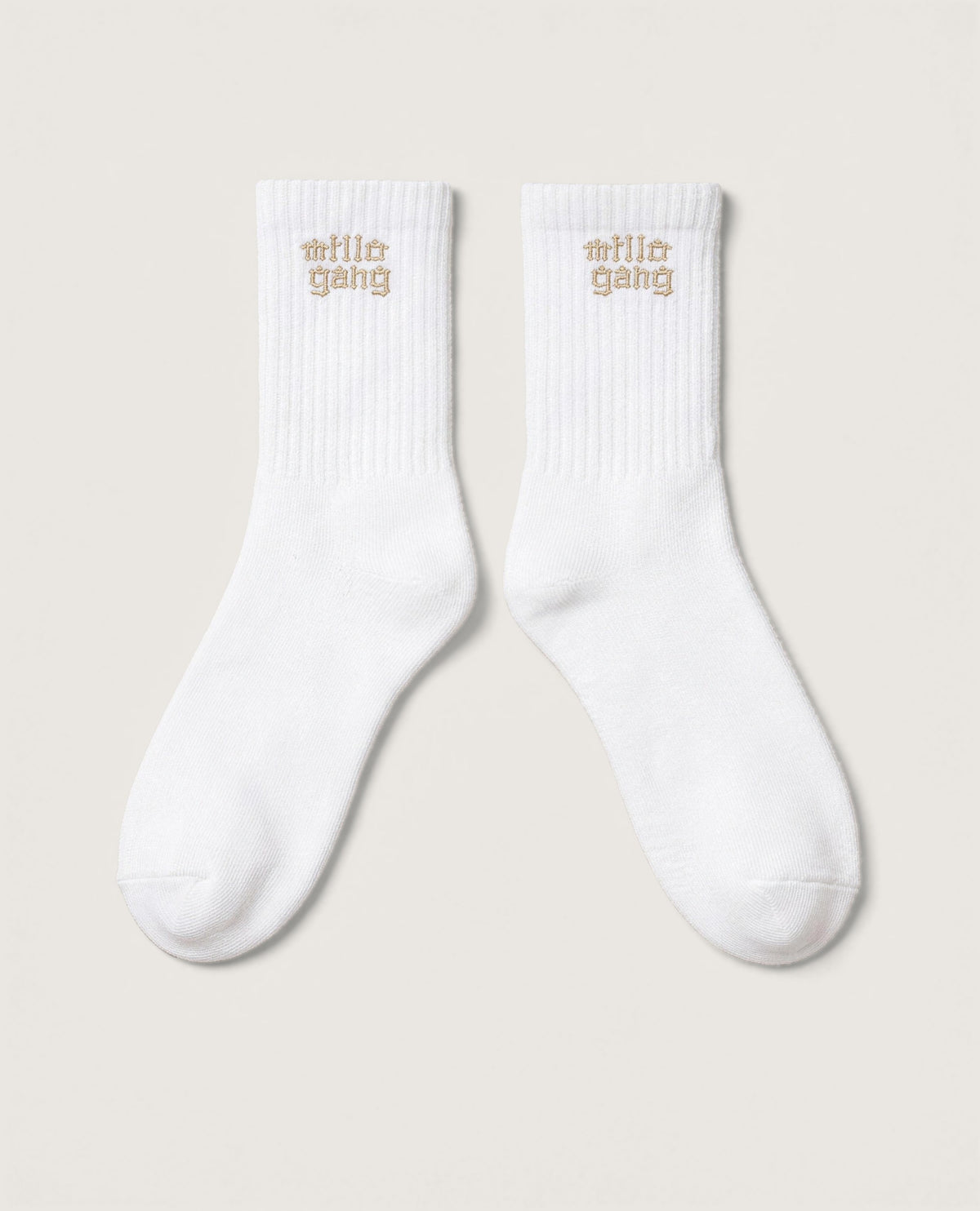 Millo Gang socks, white ribbed crew socks with the millo gang logo embroidered on the cuff