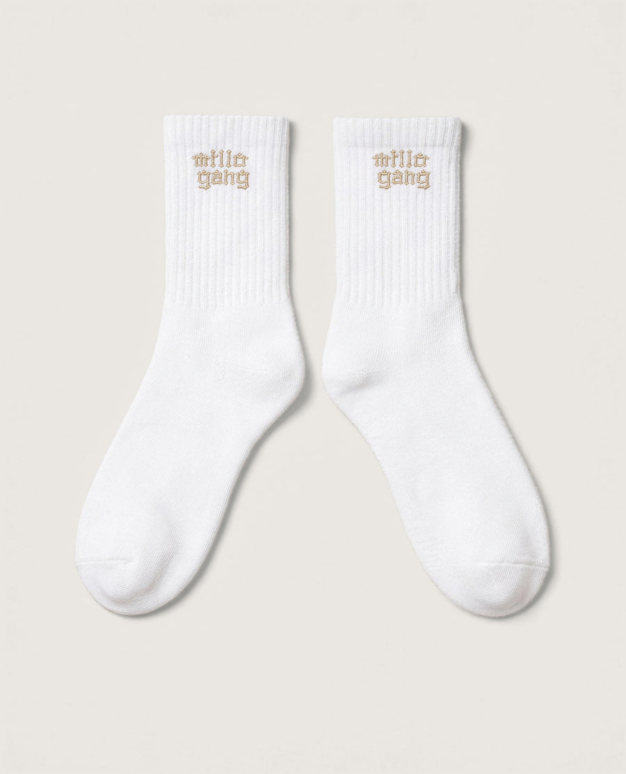 Millo Gang socks, white ribbed crew socks with the millo gang logo embroidered on the cuff